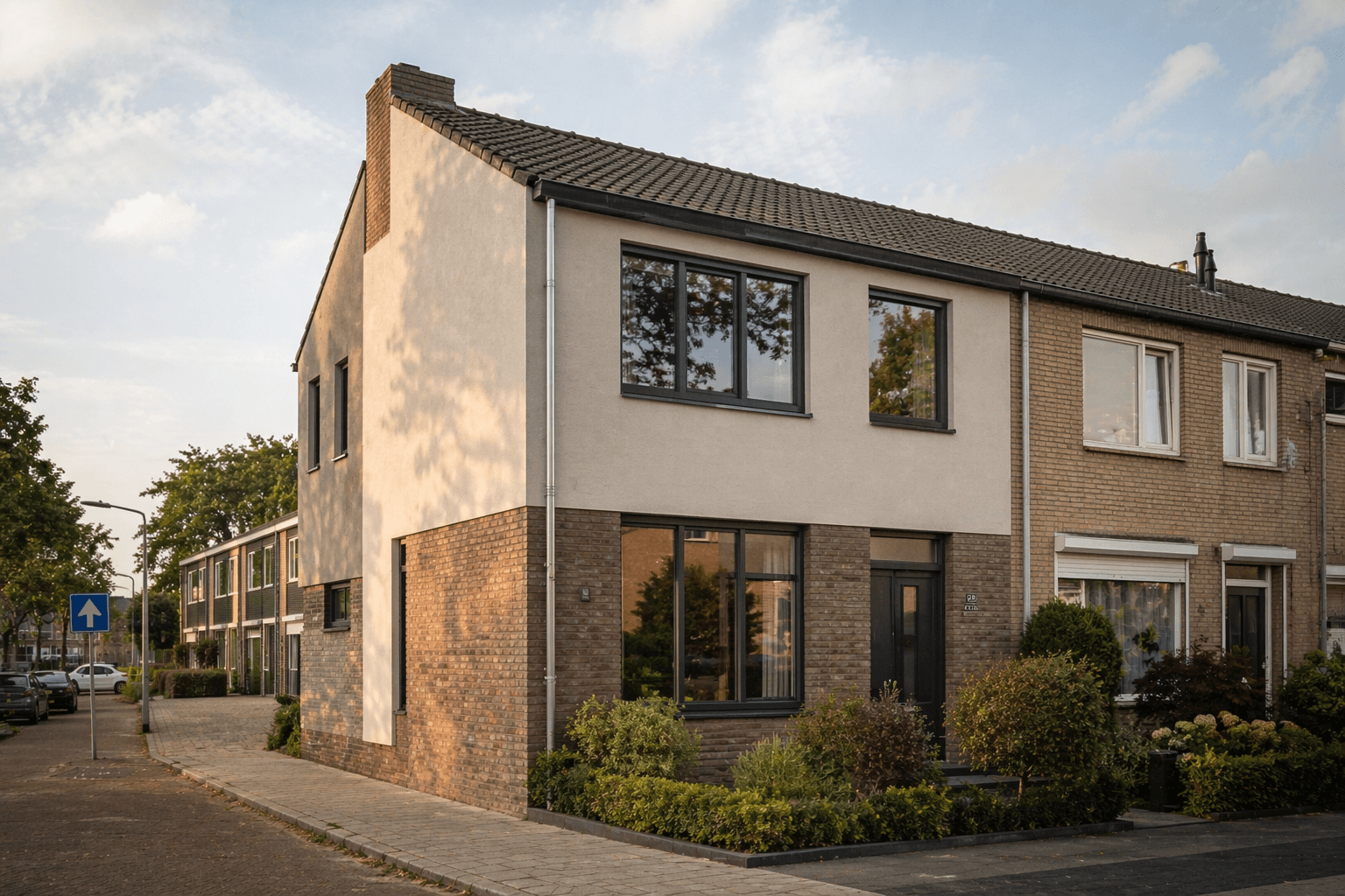Modern hoekhuis met antraciet aluminium kozijnen in avondlicht