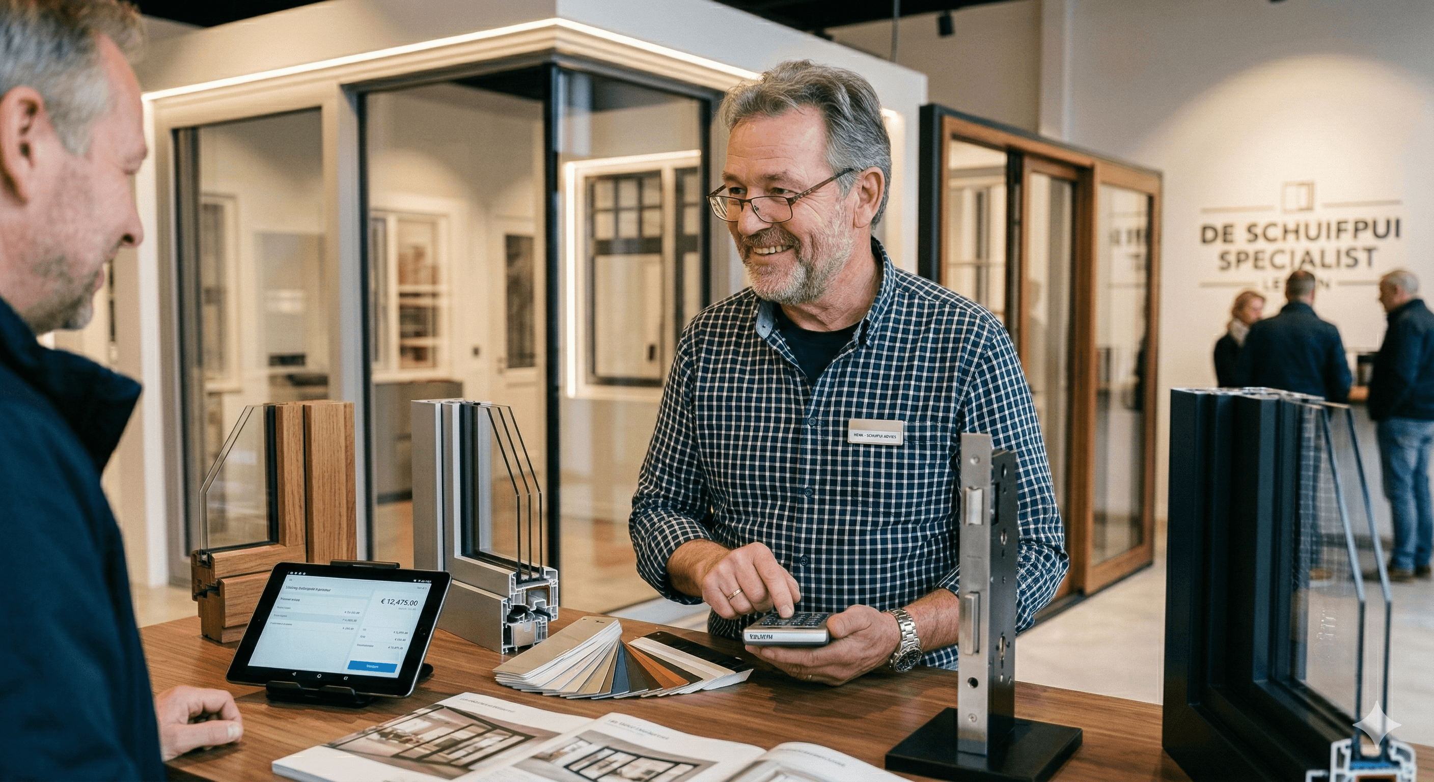 Showroom van Kozijnstore met opgestelde kozijnen en adviesgesprek