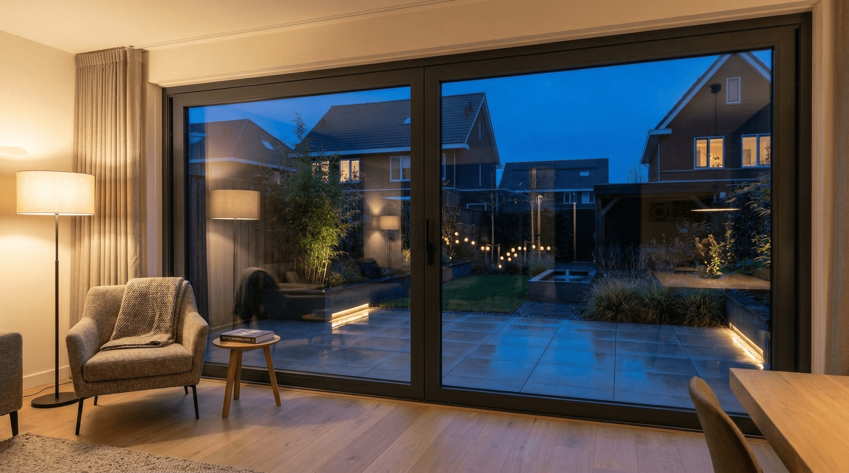 2-delige schuifpui antraciet in woonkamer met sfeerverlichting in de avond