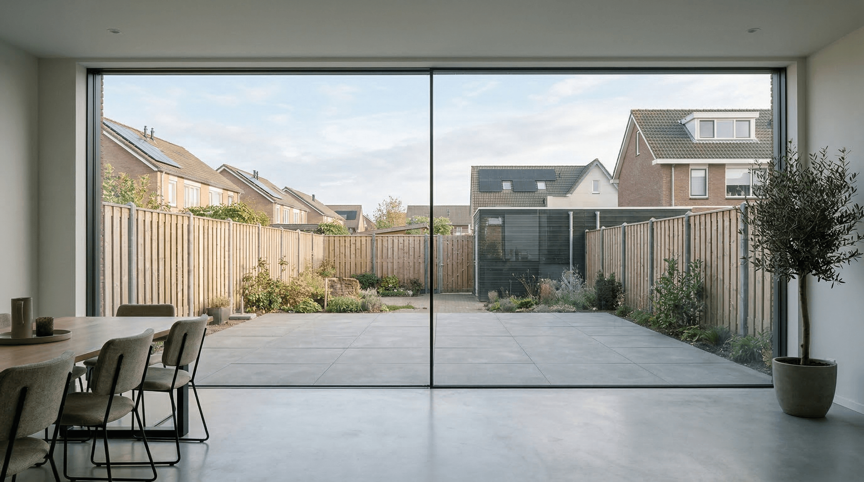 2-delige schuifpui zwart in minimalistisch interieur eethoek, doorkijk naar tuin